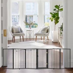 Freestanding Metal Dog Gate with Walk-Through Door, Foldable Extra-Wide Pet Fence for Doorways, Stairs & Yard, 6 Panels, 120-in W x 32-in H