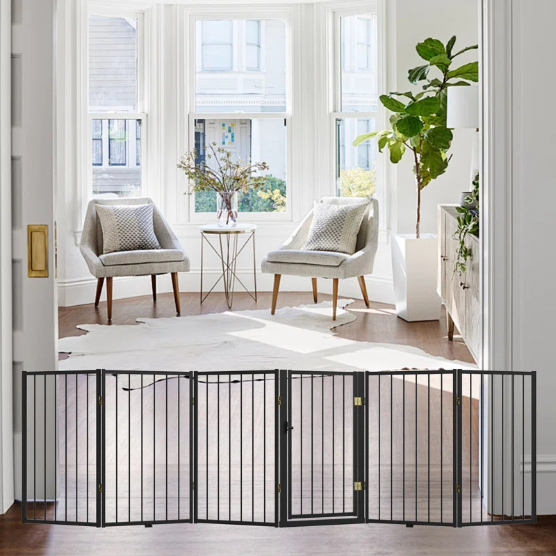 Freestanding Metal Dog Gate with Walk-Through Door, Foldable Extra-Wide Pet Fence for Doorways, Stairs & Yard, 6 Panels, 120-in W x 32-in H
